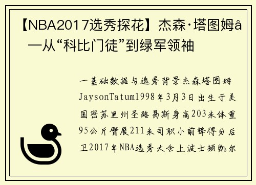 【NBA2017选秀探花】杰森·塔图姆——从“科比门徒”到绿军领袖